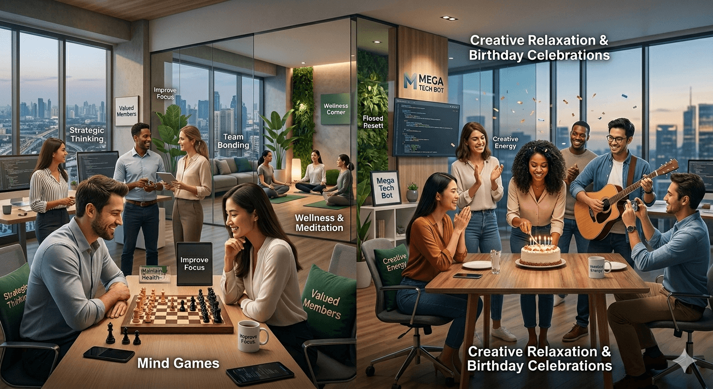 Mega Tech Bot team enjoying recreational activities and office culture